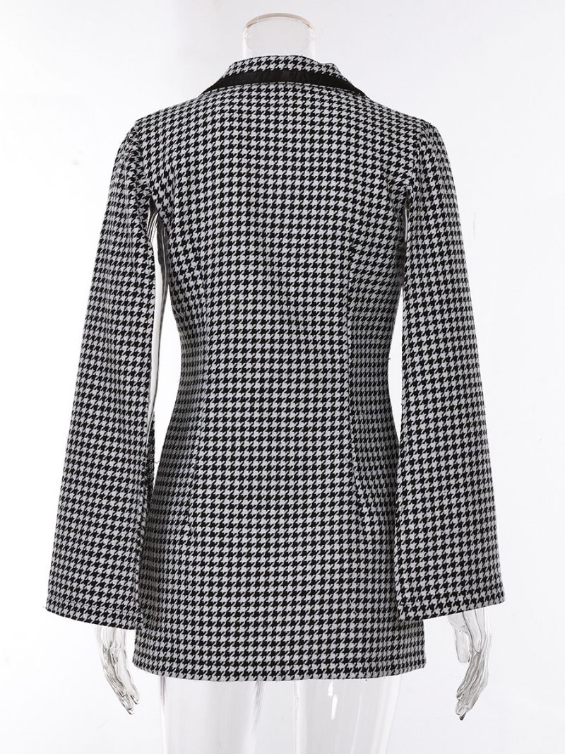 Naisten Houndstooth Blazer V-kaula Vyö Pitkähihainen Business Casual Takki - Musta