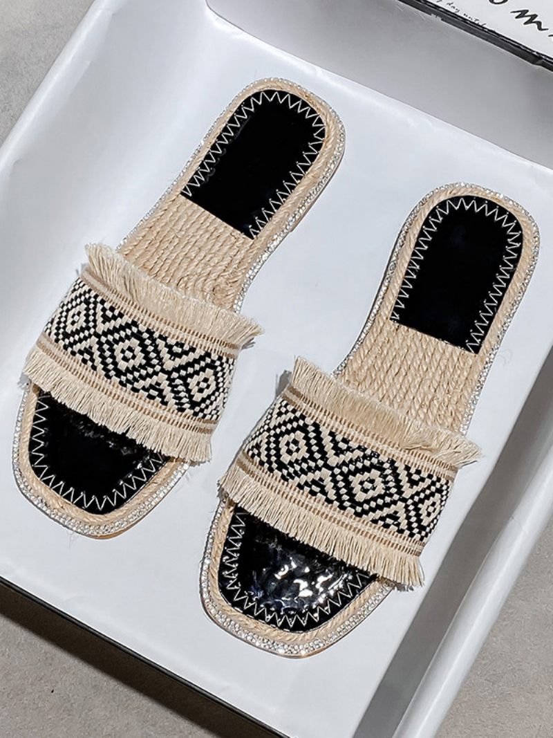 Boho Slide Sandaalit Naisten Tyylikkäät Fringe Open Toe Sandaalitossut - Musta