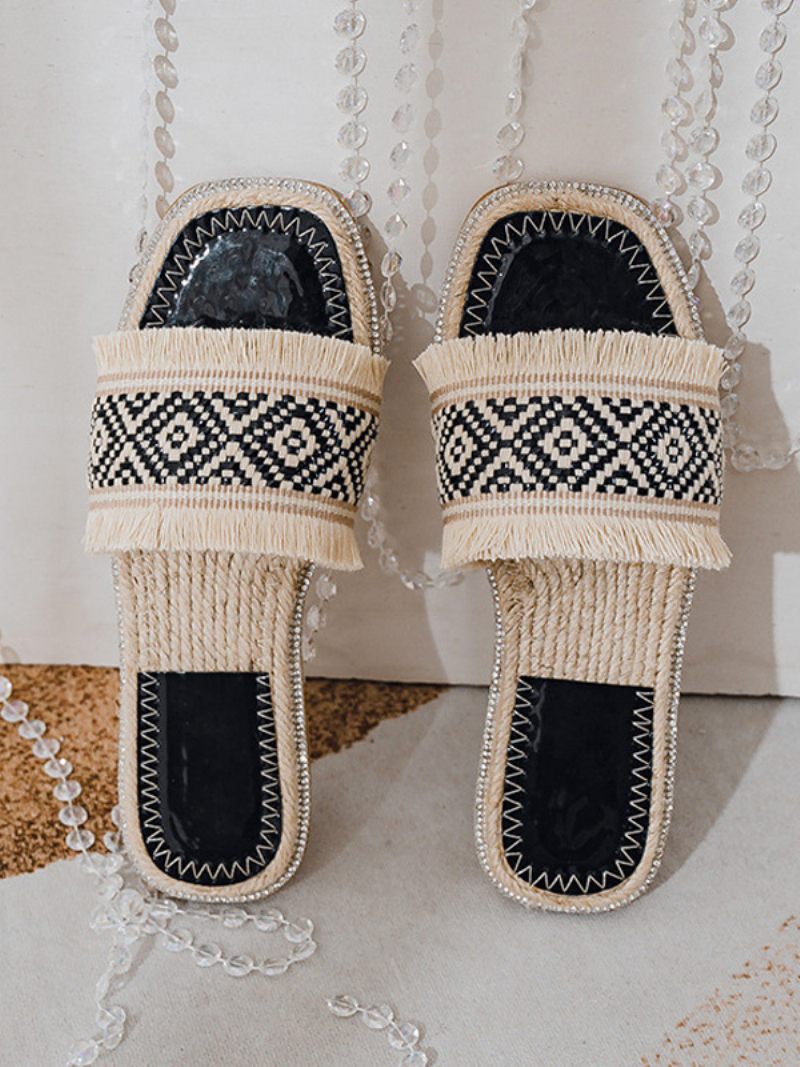 Boho Slide Sandaalit Naisten Tyylikkäät Fringe Open Toe Sandaalitossut - Musta