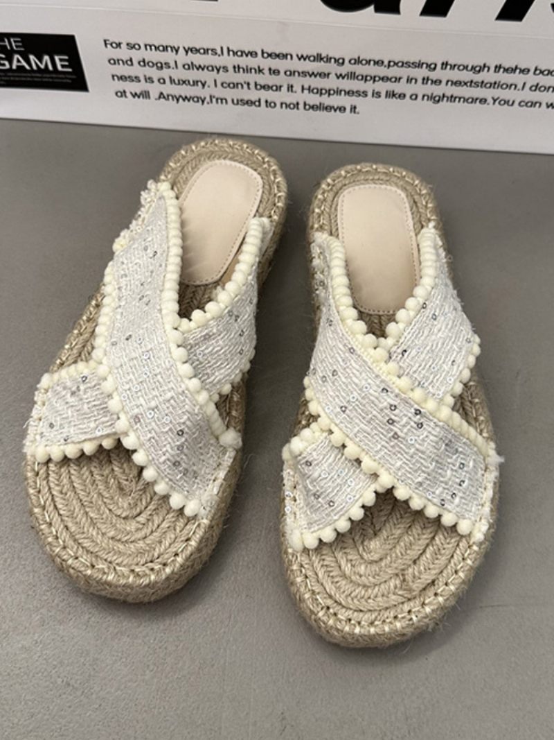 Naisten Slide Sandaalit Bohemian Textile Woven Open Toe Litteät Tossut - Beige