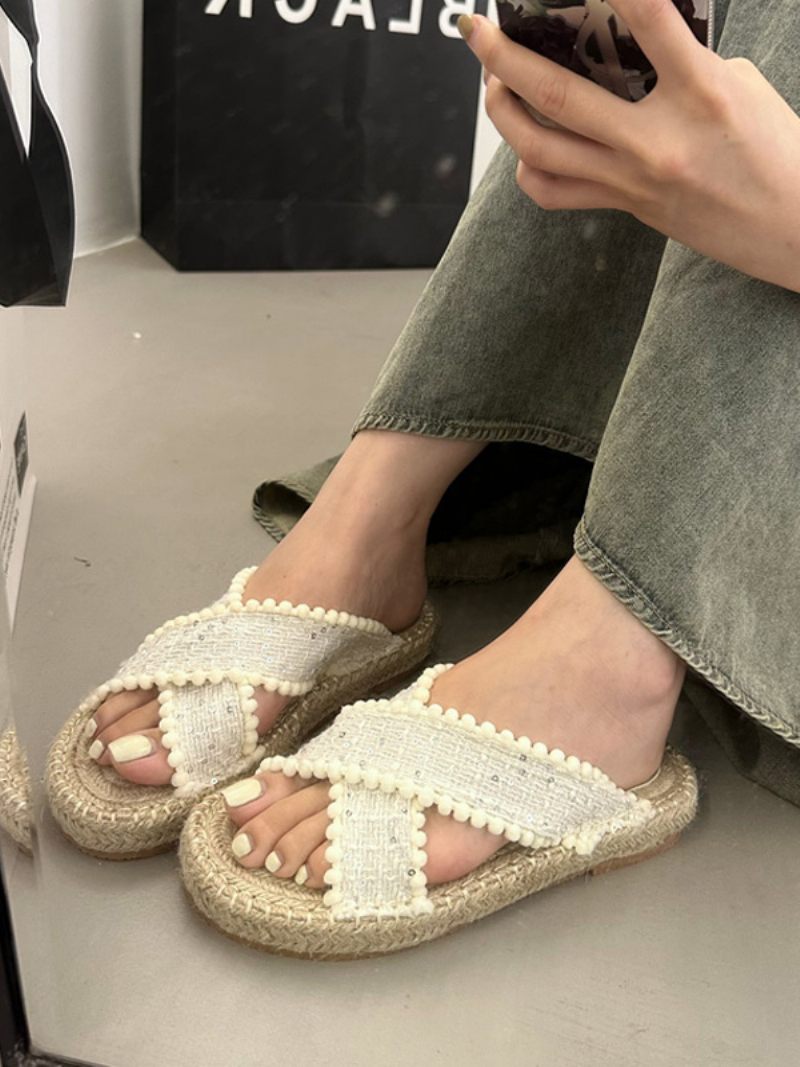 Naisten Slide Sandaalit Bohemian Textile Woven Open Toe Litteät Tossut - Beige