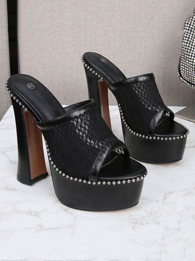 Naisten Studed Mesh Platform Chunky Heel Mules - Musta