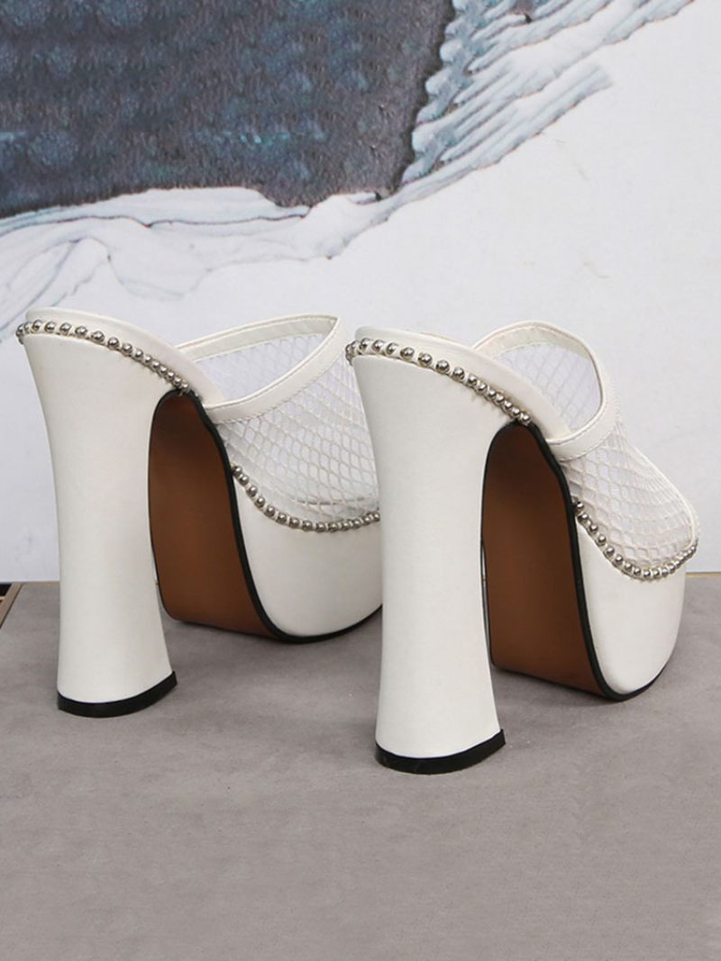 Naisten Studed Mesh Platform Chunky Heel Mules - Valkoinen