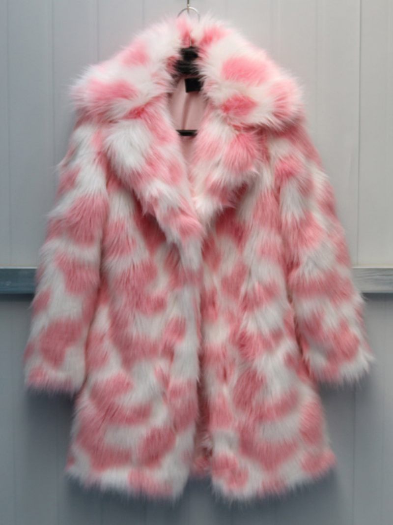 Two-one Fuzzy Coat Lapel Pitkähihainen Tekoturkistakki Naisille - Pink