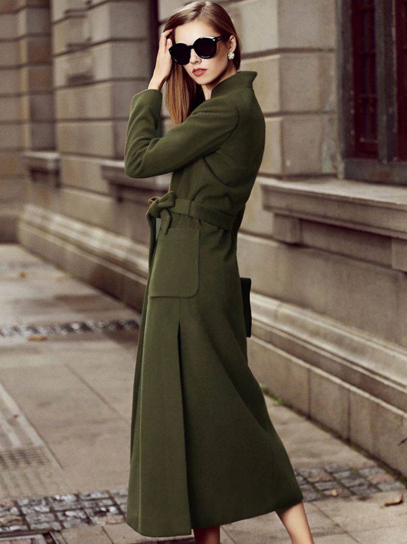 Naisten Takki Ruskea Sash Wrap Coat Split Winter Ulkovaatteet - Hunter Green