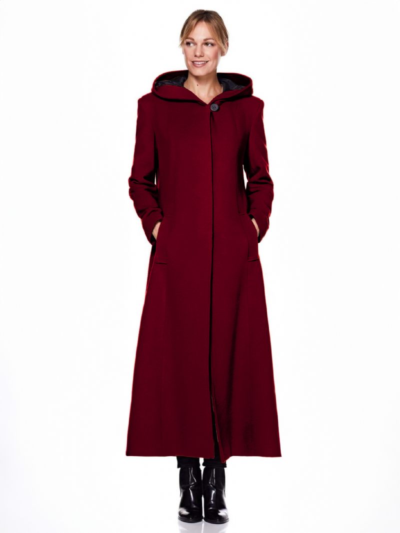 Naisten Wrap Coat Hupullinen Lämmin Ylimitoitettu Villainen Talvipäällysvaatteet - Burgundy