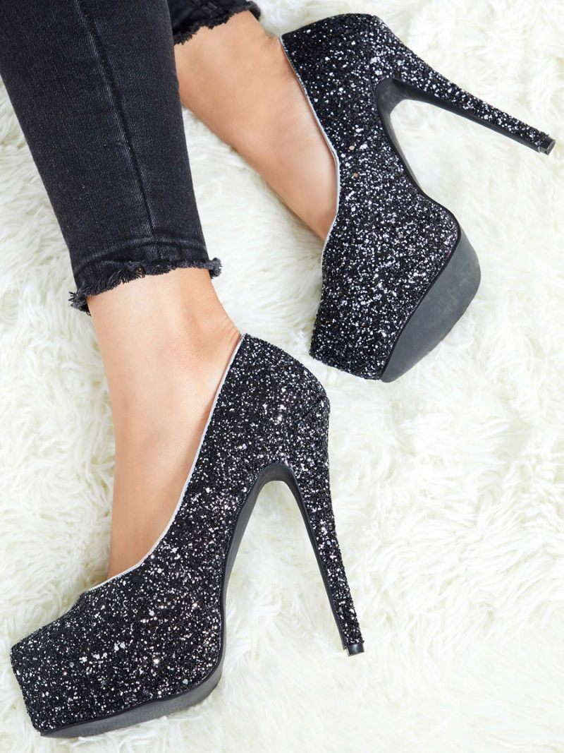 Naisten Sparkly Platform Pumps Musta Prom Kengät Korkokengät Juhlakengät