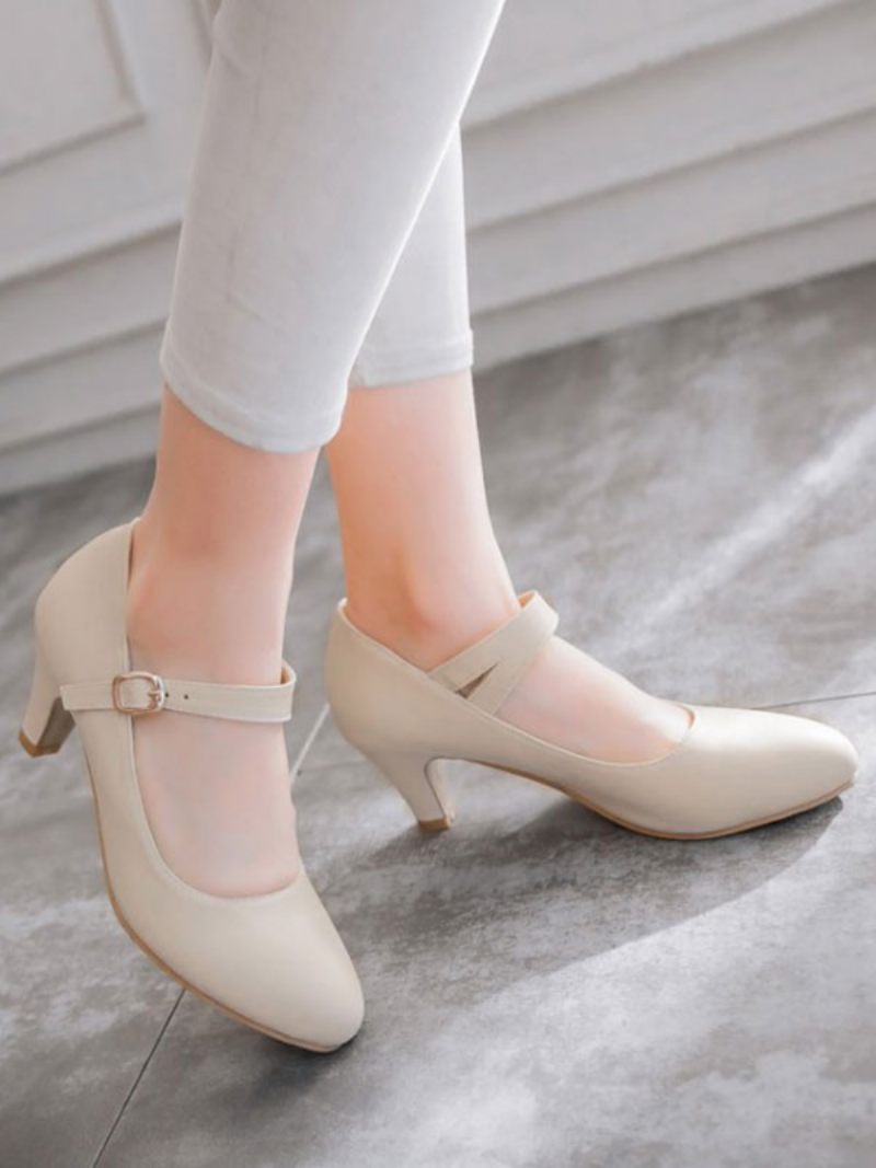 Keskimatalat Korkokengät Naisille Klassiset Pyöreät Kärjet Puppy Heel -korkohihna Säädettävä Lumoava Solki Valkoiset Pumput & Heels Vintage -kengät - Beige