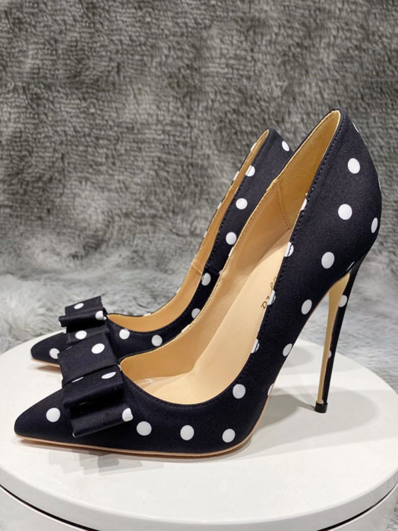 Mustat Korkokengät Naisten Teräväkärkiset Bow Polka Dot Vintage-korkokengät Pumput