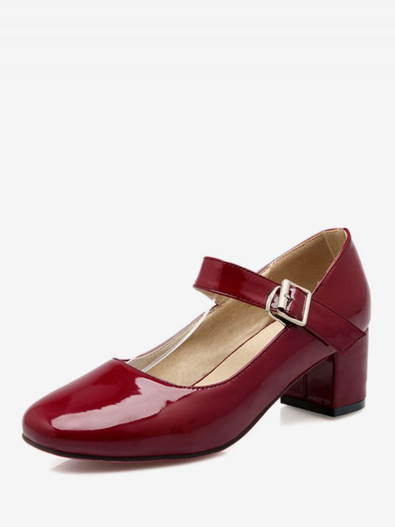 Naisten Block Heel Pumps Patentti Mary Jane Square Toe Matalakorkoiset Kengät Burgundy Vintage -kengistä