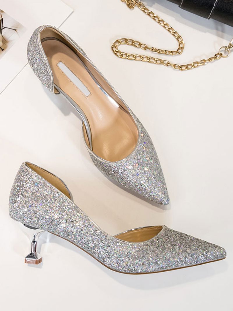 Naisten Glitter Kitten Heels -teräväkärkiset Iltapumput - Hopea