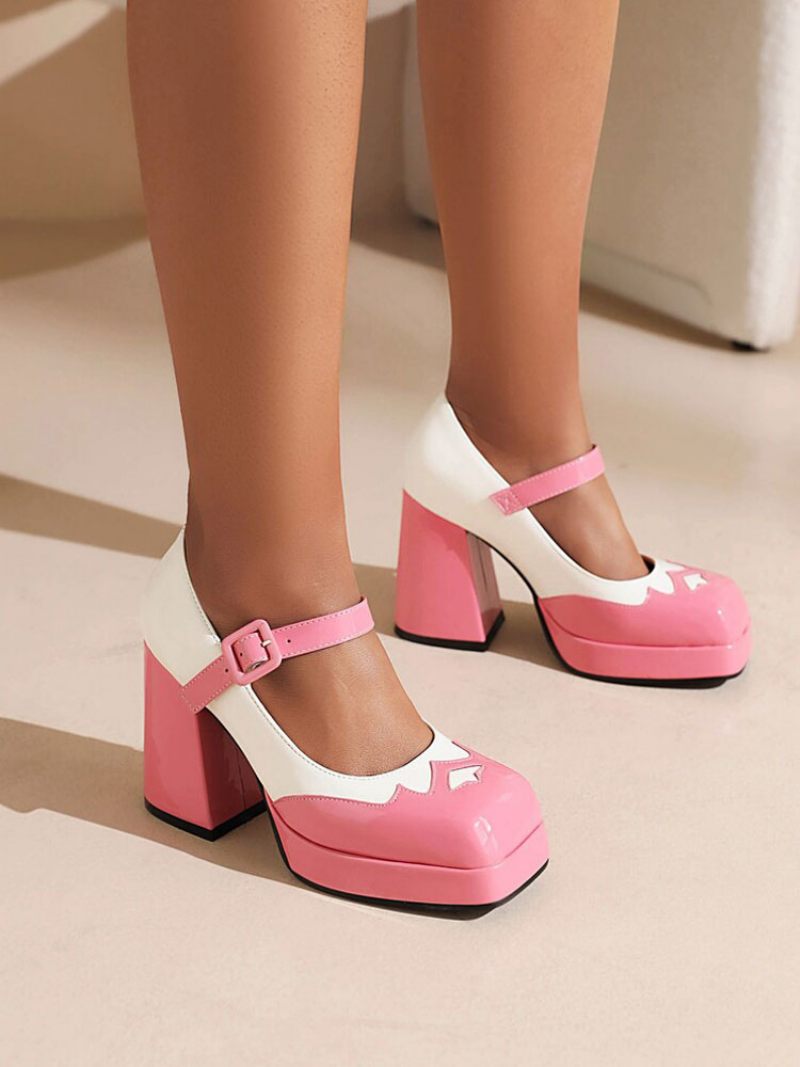 Naisten Kaksisävyiset Mary Jane Chunky Heel Pumps - Pinkki