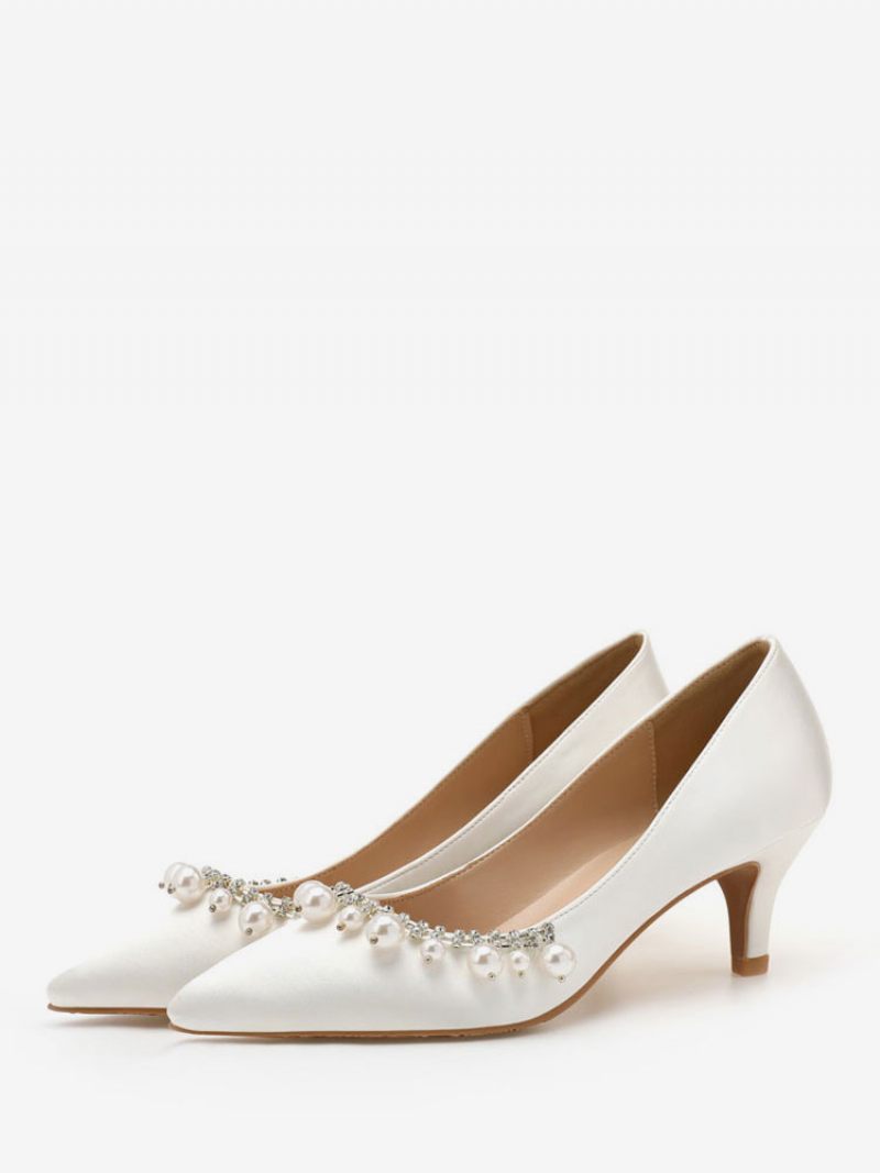 Naisten Keskimatalat Korkokengät Tyylikäs Teräväkärkinen Kitten Heel Slip-on Pretty Pearls White Wedding Pumps & Heels