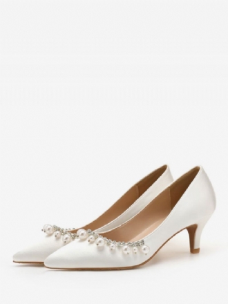 Naisten Keskimatalat Korkokengät Tyylikäs Teräväkärkinen Kitten Heel Slip-on Pretty Pearls White Wedding Pumps & Heels