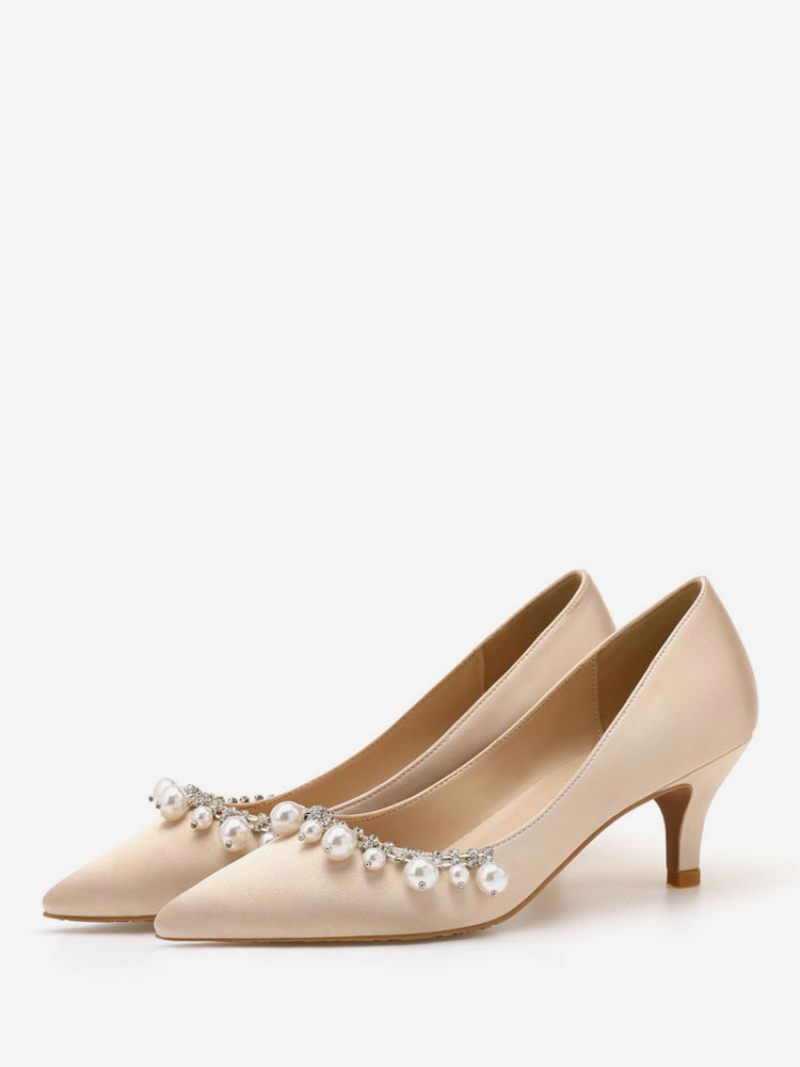 Naisten Keskimatalat Korkokengät Tyylikäs Teräväkärkinen Kitten Heel Slip-on Pretty Pearls White Wedding Pumps & Heels - Vaaleankeltainen