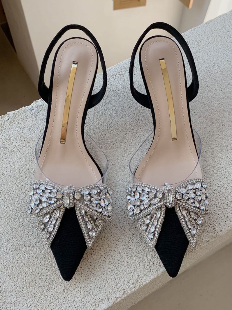 Naisten Kitten Heel Pumps Musta Teräväkärki Strassikivet Bow Slingback Juhlakengät