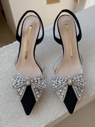 Naisten Kitten Heel Pumps Musta Teräväkärki Strassikivet Bow Slingback Juhlakengät