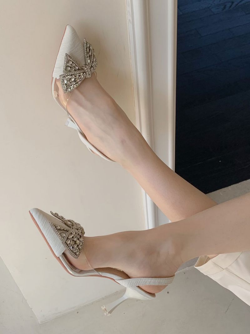 Naisten Kitten Heel Pumps Musta Teräväkärki Strassikivet Bow Slingback Juhlakengät - Beige