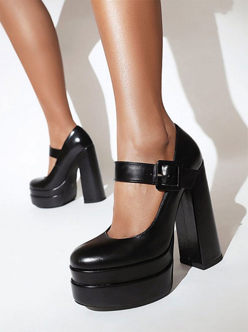 Naisten Korkokengät Platform Chunky Heel Pu-nahkapumput - Musta