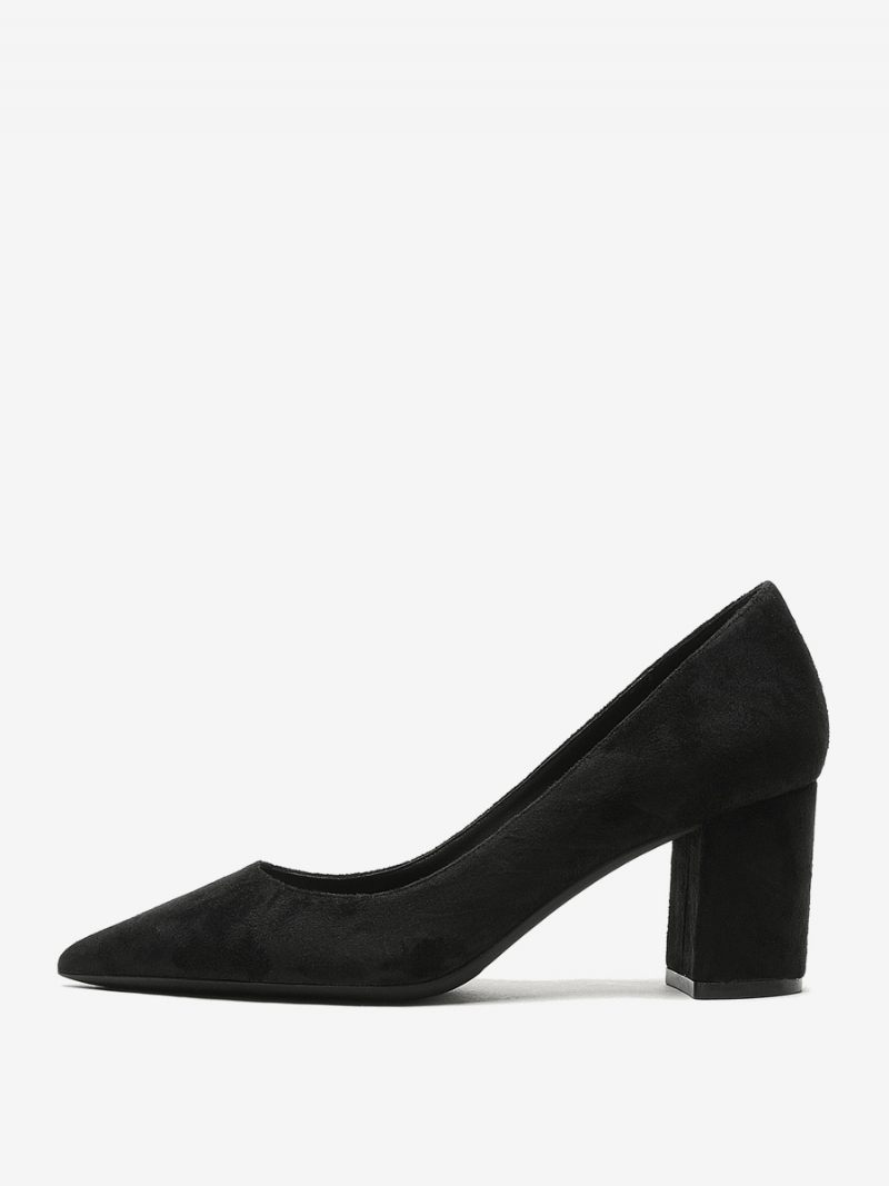 Naisten Mokkanahkainen Block Heel Pumps Ruskea Teräväkärkinen Slip On Heels - Musta