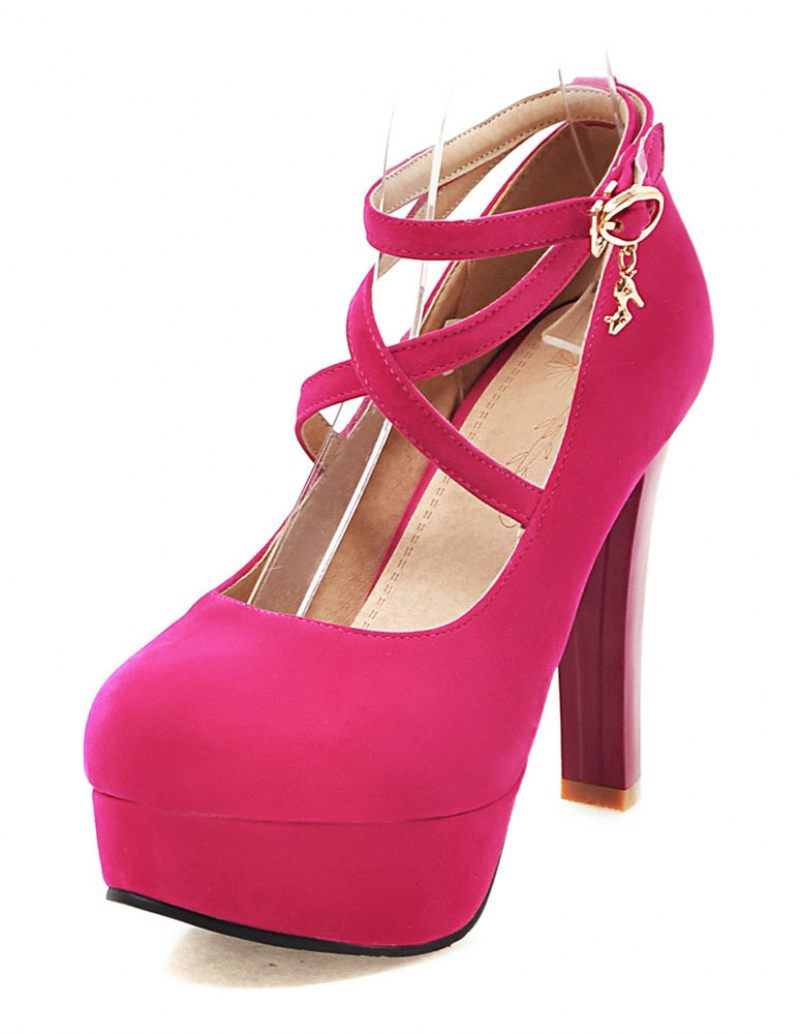 Naisten Mokkanahkaiset Sexy Platform Kengät Pyöreävarvas Crisscross Chunky Prom Heel Pumps - Rose