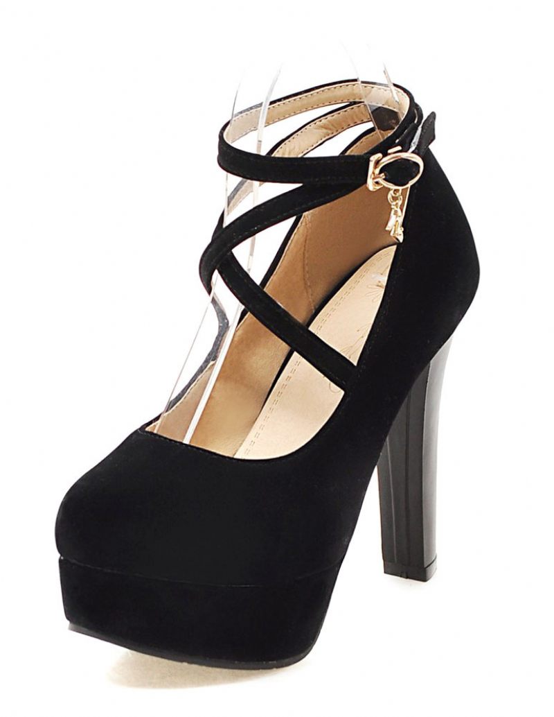 Naisten Mokkanahkaiset Sexy Platform Kengät Pyöreävarvas Crisscross Chunky Prom Heel Pumps - Musta