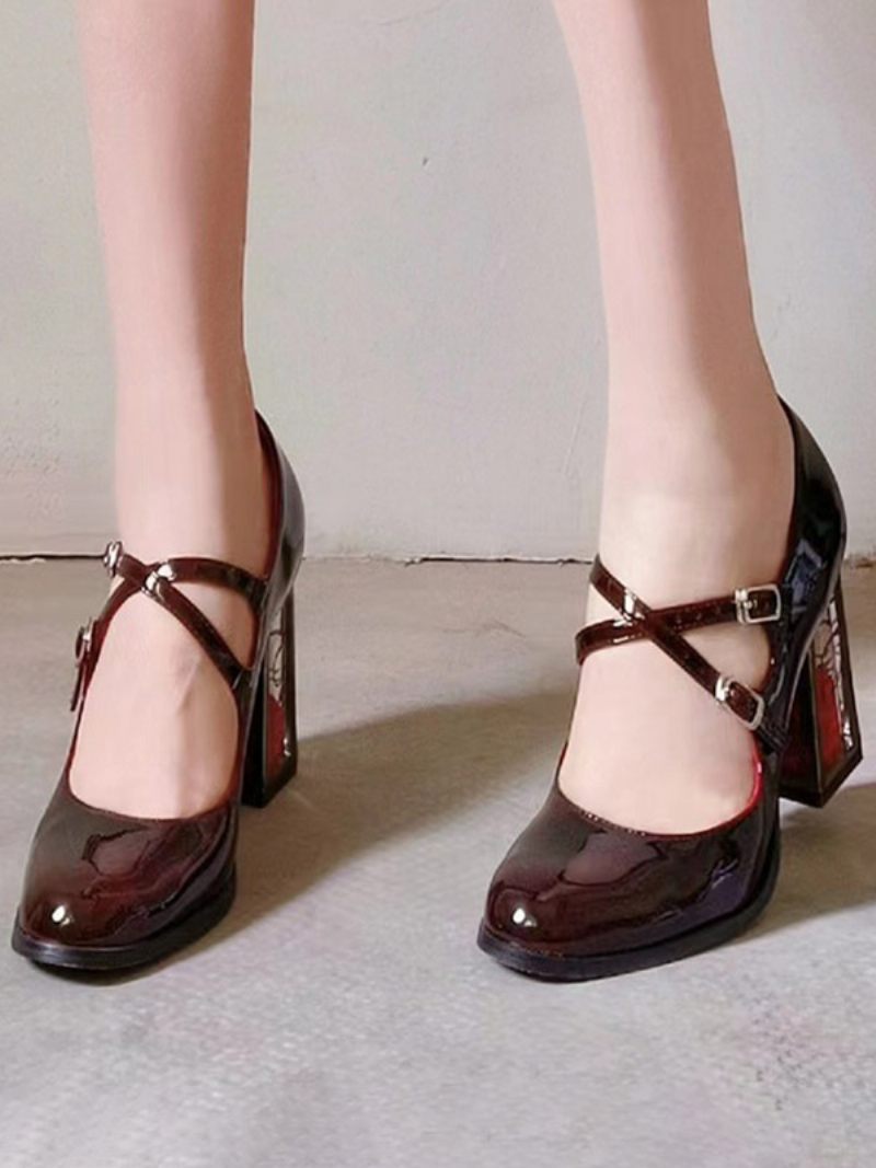 Naisten Musta Mary Jane -kengät Pyöreävarvassolki Edtail Block Heel Pumps - Burgundy