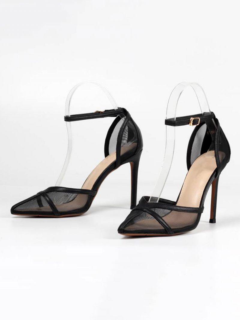 Naisten Nilkkahihna Stiletto Prom Heel Pumps Keltainen Mesh - Musta