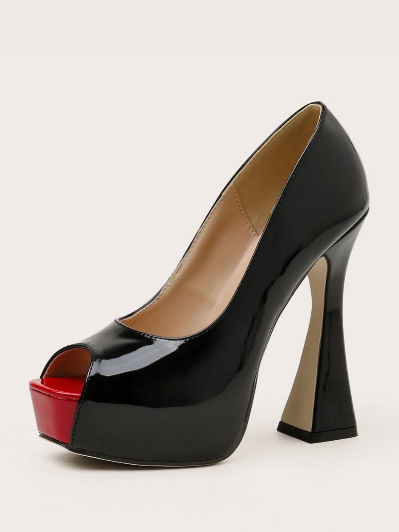 Naisten Peep Toe Platform Chunky Heel Pumps Musta