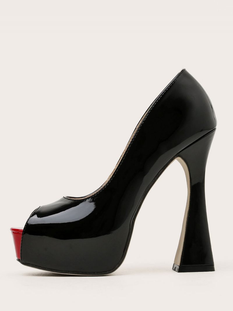 Naisten Peep Toe Platform Chunky Heel Pumps Musta - Musta