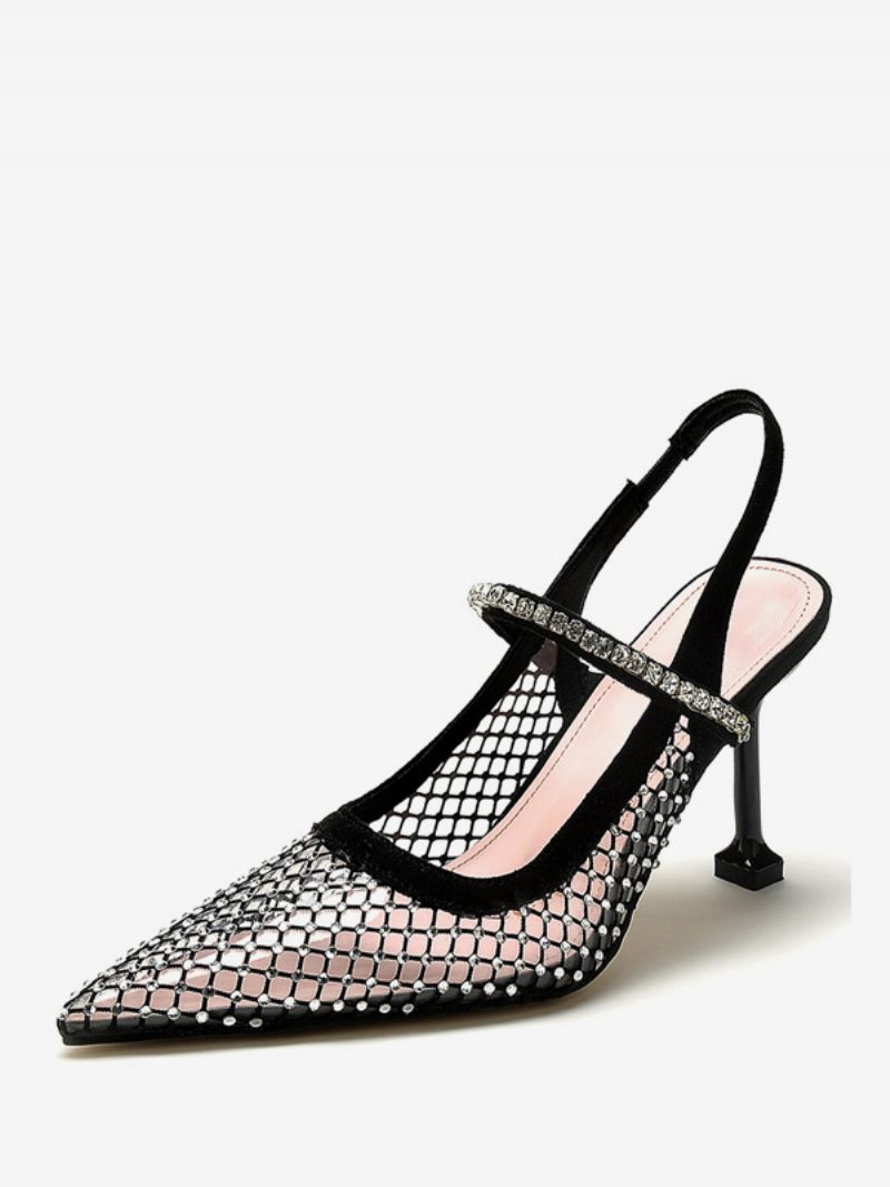 Naisten Slingback Heels Mesh Black Rhinstones Stiletto Heel Pumps Juhlakengät