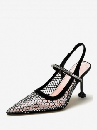 Naisten Slingback Heels Mesh Black Rhinstones Stiletto Heel Pumps Juhlakengät