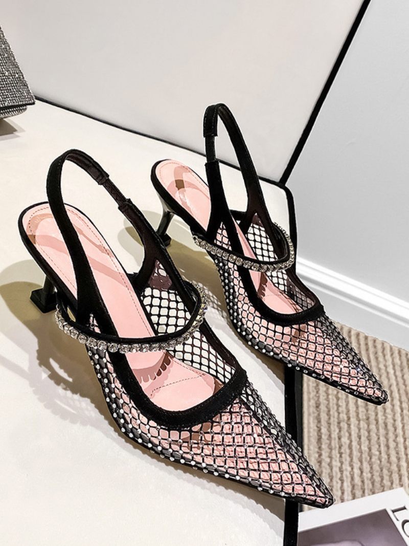 Naisten Slingback Heels Mesh Black Rhinstones Stiletto Heel Pumps Juhlakengät - Musta