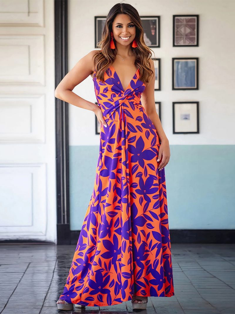 Naisten Painettu Mekko V-kaula Spagettiolkaimet Laskostetut Casual Resort Summer Maxi -mekot - Violetti