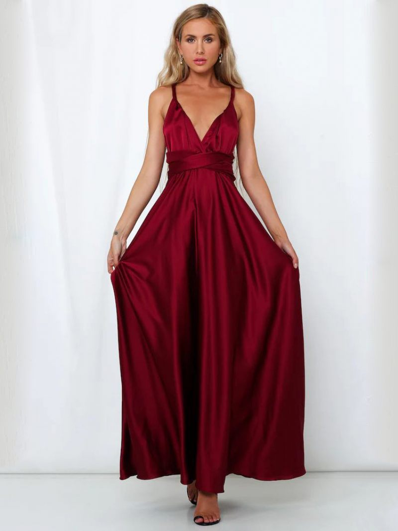 Naisten Avoselkäinen Maxi Dress Halter Plunge Crossover Waist Prom Mekko - Burgundy