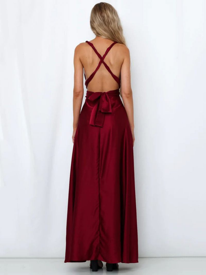 Naisten Avoselkäinen Maxi Dress Halter Plunge Crossover Waist Prom Mekko - Burgundy