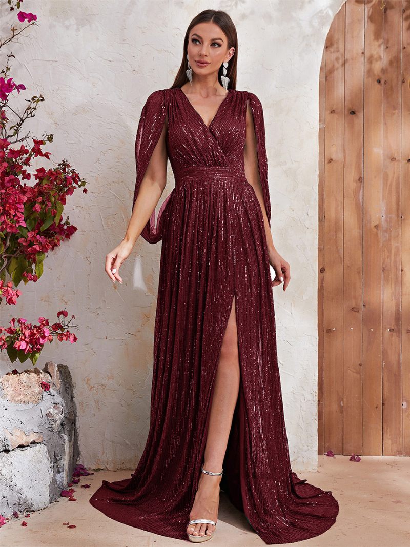 Naisten Korkeahalkoinen Mekko V-kaula Suunnitellut Hihat Empire Waist Prom Maxi Mekot - Burgundy