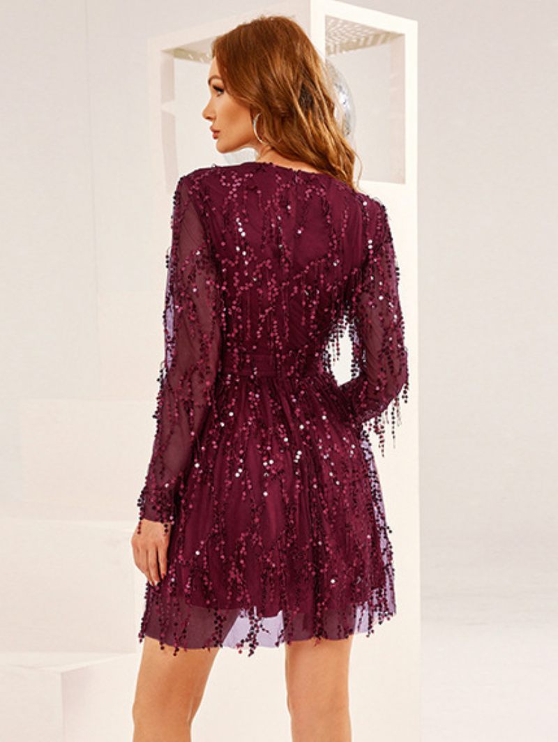 Naisten Paljeteilla Mekko Plunge Illusion Sleeves Coachella-juhlamekot - Burgundy