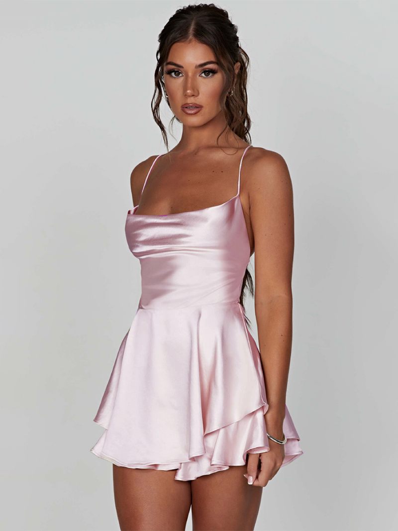 Naisten Slipdress Neliönmuotoinen Kaula Kerroksellinen Backless Nauhat Sexy Party Mini Mekot - Pink