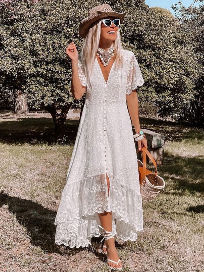 Naisten Maxi Dress V-pääntie Lyhythihainen Pitsi Rento Valkoinen Boho Mekot