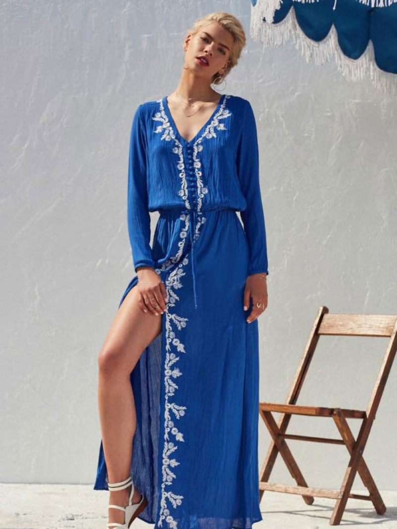 Boho-mekko Vaalean Taivaansininen V-kaula-aukkoinen Pitkähihainen Korkea Halkio Brodeerattu Bohemian Gypsy Beach Lomakevät Kesä Pitkä Mekko Naisille