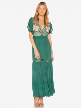 Boho-mekko Vaaleanpunainen V-aukkoinen Lyhythihainen Brodeerattu Läpinäkyvä Bohemian Gypsy Beach Vacation Summer Maxi -mekko Naisille