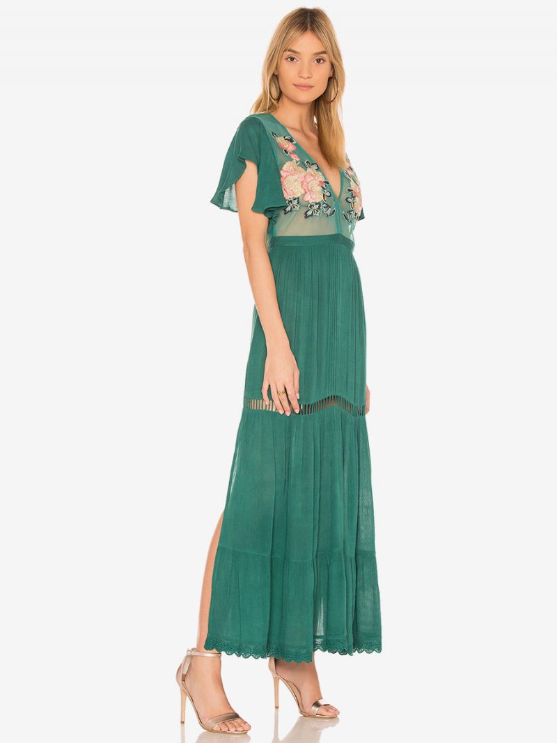 Boho-mekko Vaaleanpunainen V-aukkoinen Lyhythihainen Brodeerattu Läpinäkyvä Bohemian Gypsy Beach Vacation Summer Maxi -mekko Naisille - Vihreä