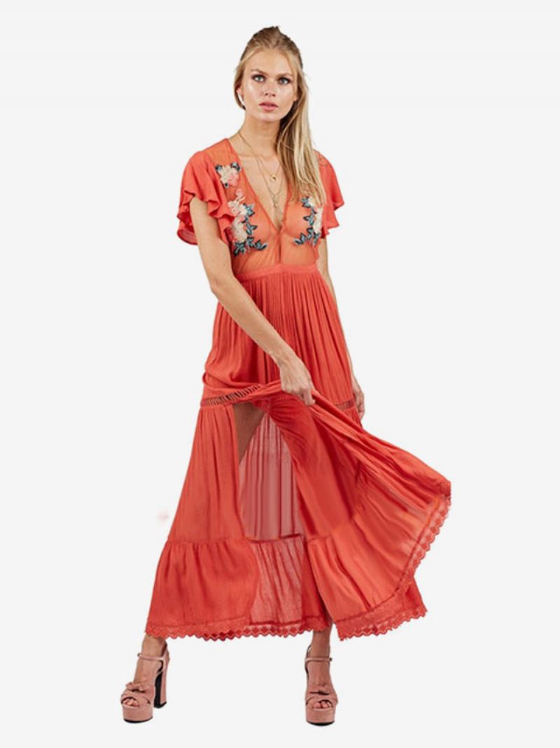 Boho-mekko Vaaleanpunainen V-aukkoinen Lyhythihainen Brodeerattu Läpinäkyvä Bohemian Gypsy Beach Vacation Summer Maxi -mekko Naisille - Oranssi