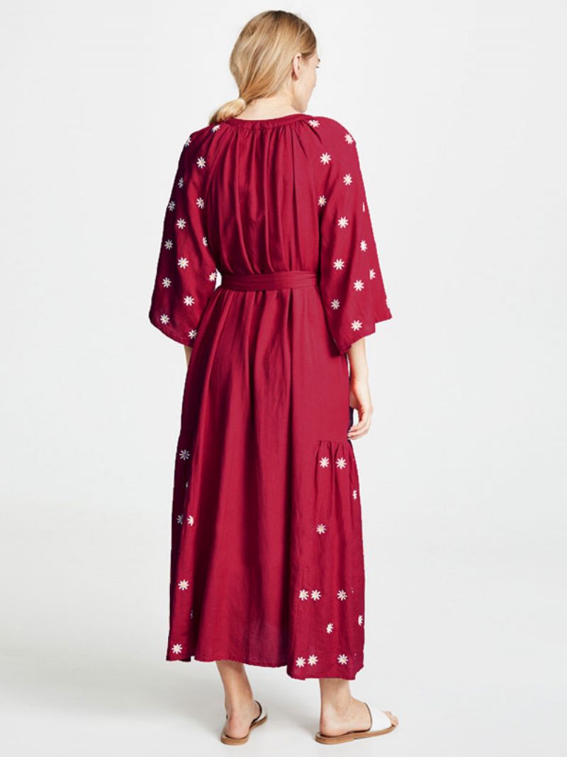 Boho Mekko Viininpunainen V-pääntie 3/4 Pituiset Hihat Brodeerattu Bohemian Gypsy Belted Rantaloma Kevät Kesä Midi Naisille - Burgundia