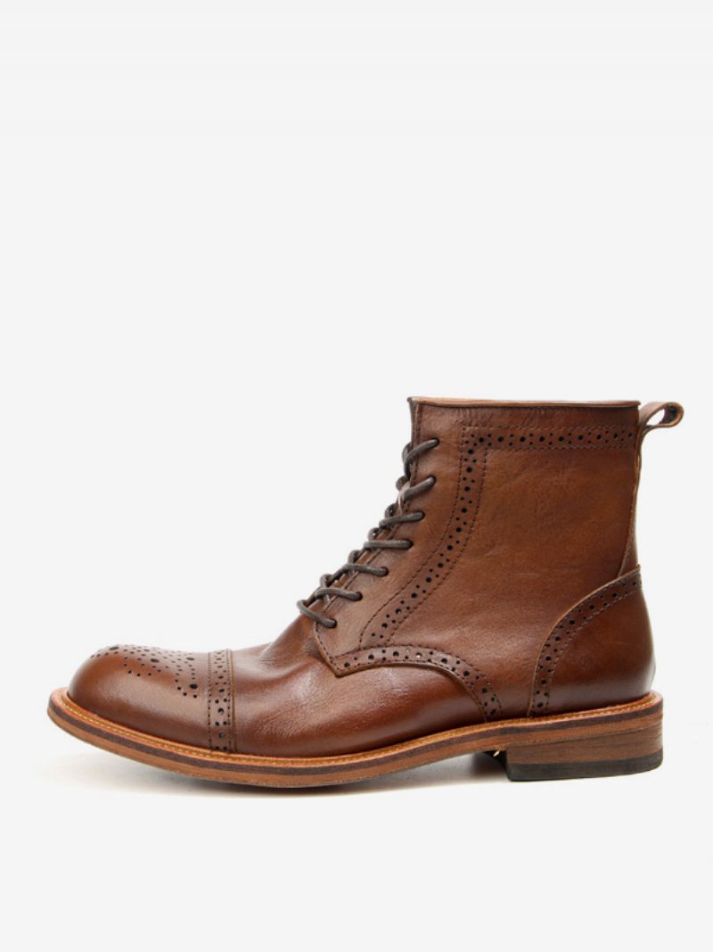 Miesten Brogue Kaiverretut High Top Martin Work Moottoripyörä Kahvi Ruskea Lehmännahka Pyöreä Toe Nauha Retro Lyhyet Saappaat - Kahvinruskea