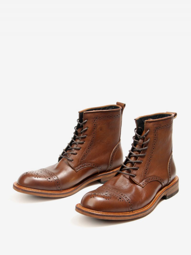 Miesten Brogue Kaiverretut High Top Martin Work Moottoripyörä Kahvi Ruskea Lehmännahka Pyöreä Toe Nauha Retro Lyhyet Saappaat - Kahvinruskea