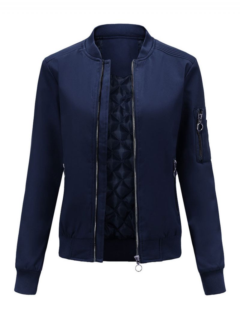 Bomber-takki Vaaleanpunainen Rento Baseball-takki Yksivärinen Seisova Kaulus Vetoketjullinen Spring Fall Street -ulkovaatteet Naisille - Dark Navy