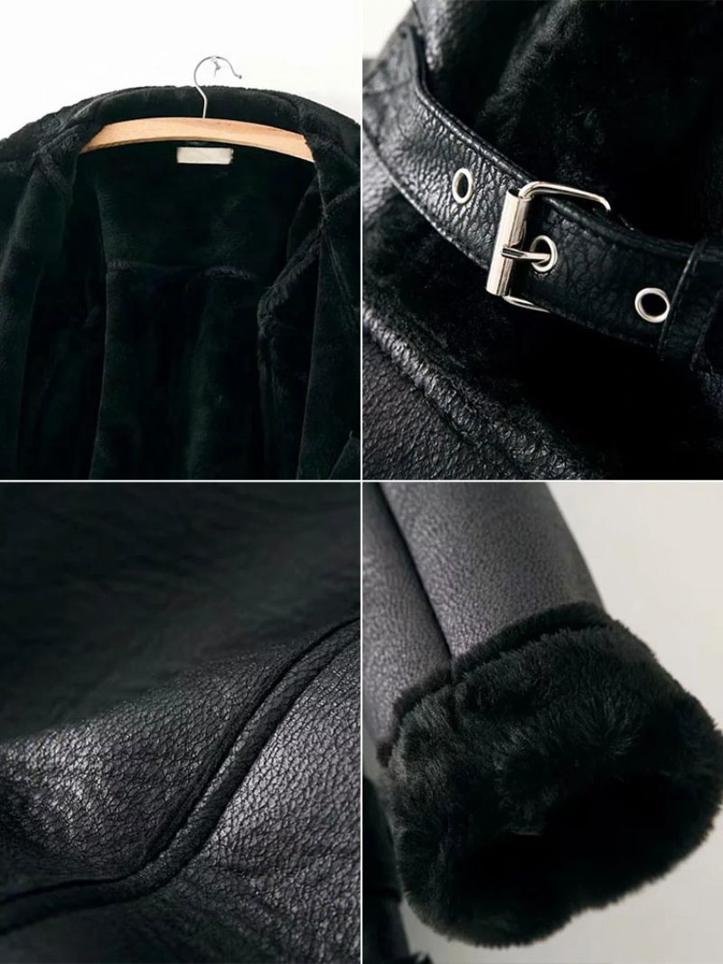 Naisten Nahkatakki Faux Shearling Pu Moto -takki Talviulkovaatteet - Musta