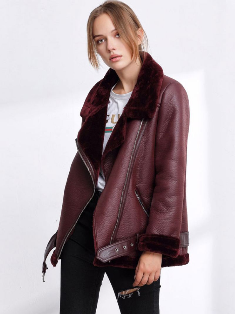 Naisten Nahkatakki Faux Shearling Pu Moto -takki Talviulkovaatteet - Burgundy